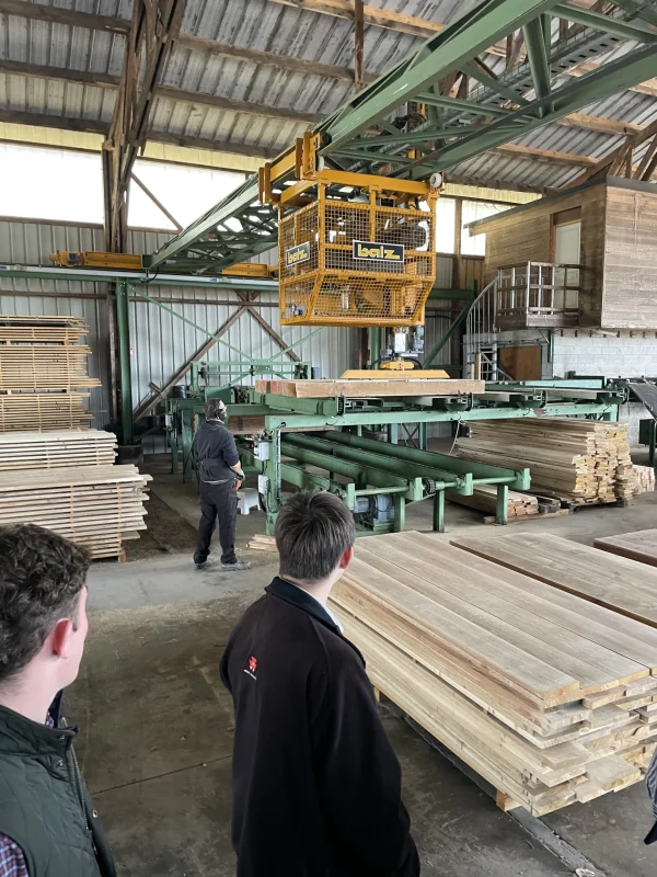 Visite d’une scierie, entre les machines de production et les piles de planches.