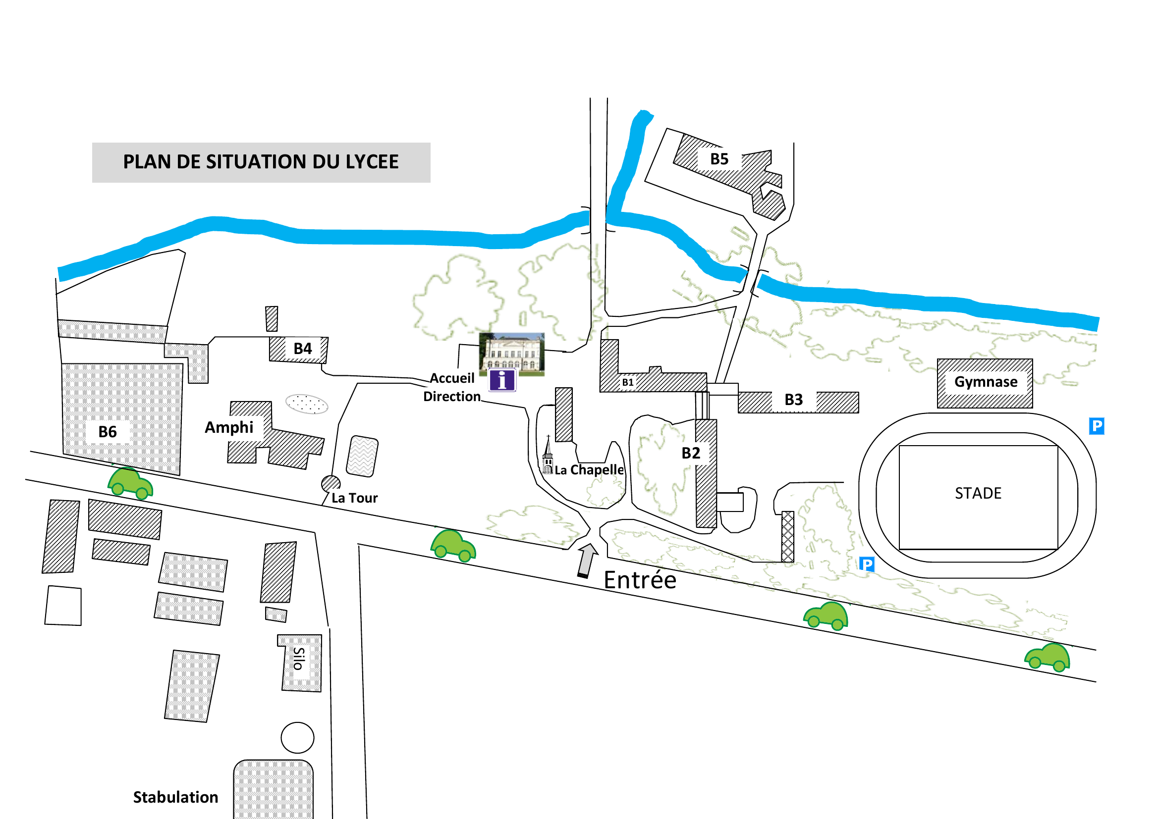 Plan du campus du Lycée privé Sainte-Maure avec les bâtiments B1 à B6, l'accueil, la chapelle, le gymnase, le stade et les parkings